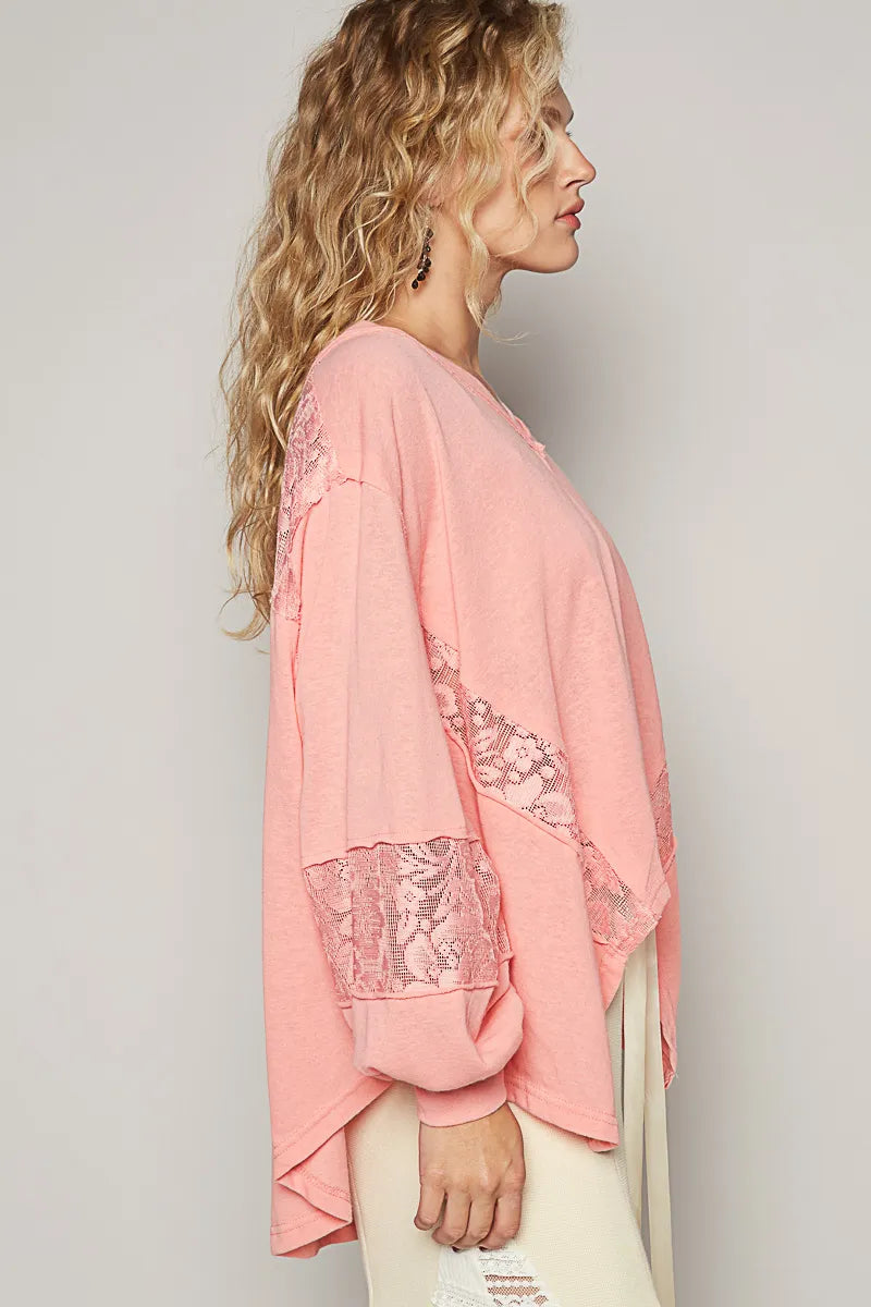 POL V-Neck Long Sleeve T-Shirt with Lace Detail - Blushé Belle