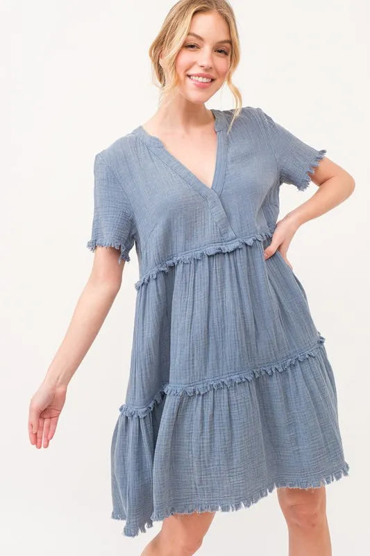 And The Why Washed Frayed Detail Tiered Dress - Blushé Belle
