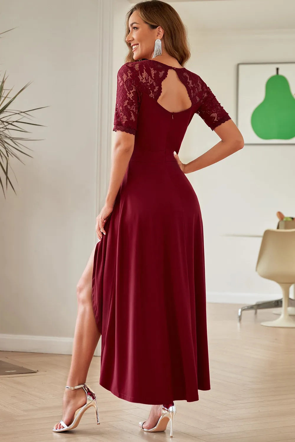 Lace Cutout V-Neck Short Sleeve Dress - Blushé Belle