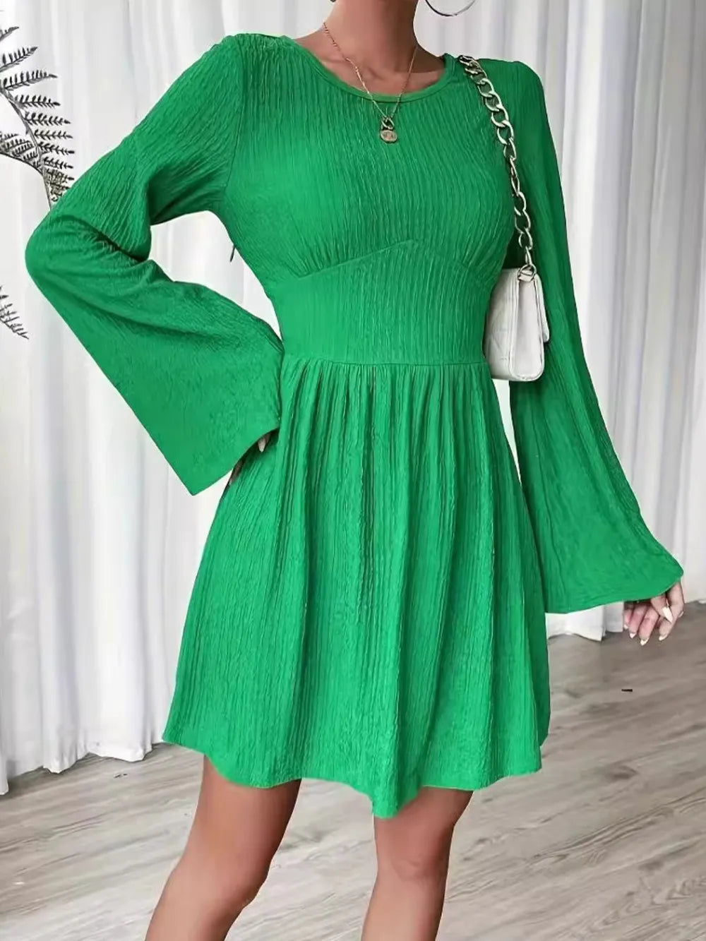 Round Neck Flare Sleeve Mini Dress - Blushé Belle