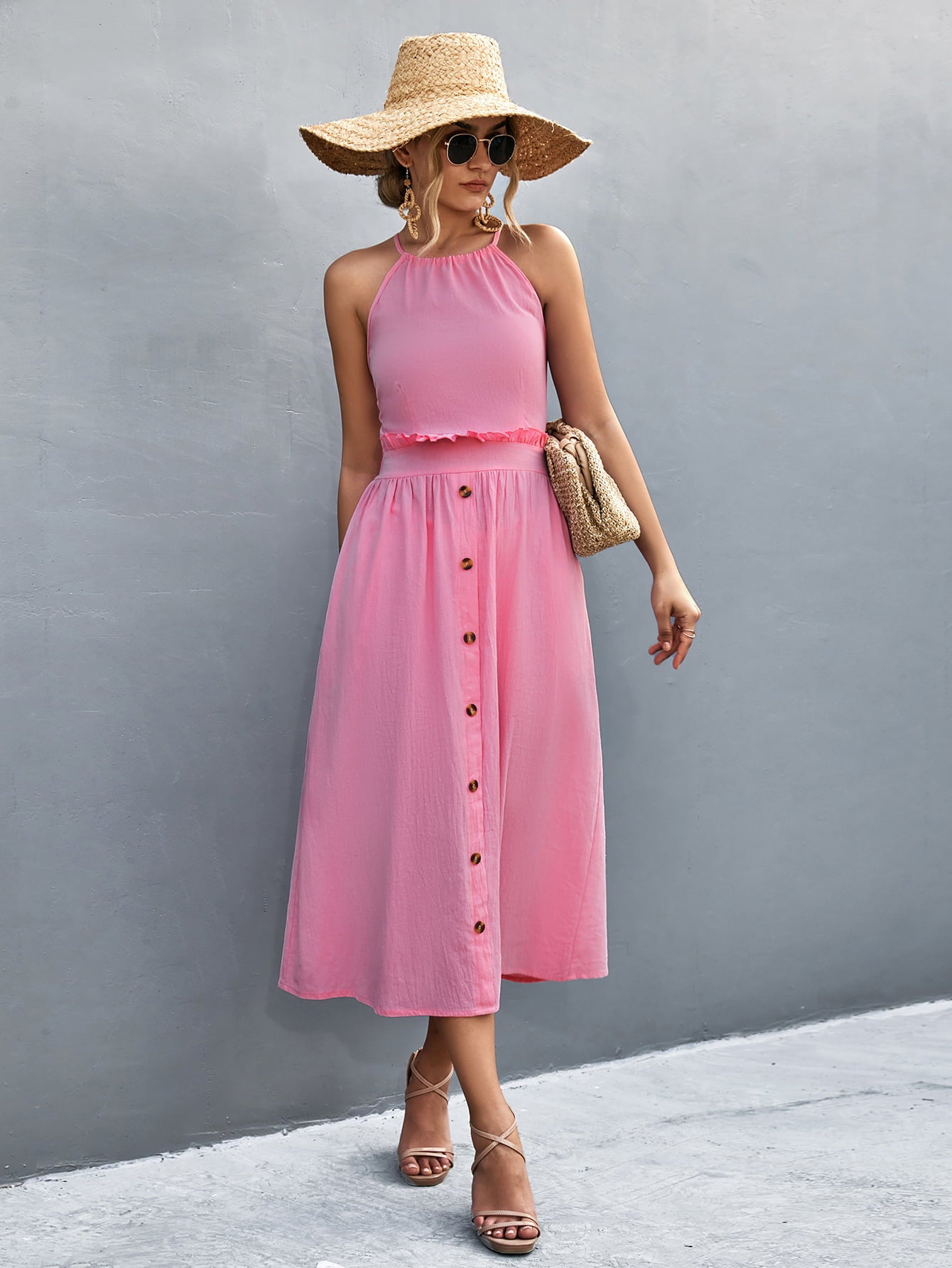 Buttoned Halter Neck Frill Trim Midi Dress - Blushé Belle