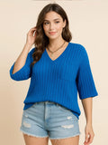 Plus Size V-Neck Ribbed Knit T-Shirt - Blushé Belle