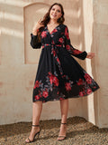 Honey Plus Size Floral Surplice Neck Tie Waist Dress - Blushé Belle