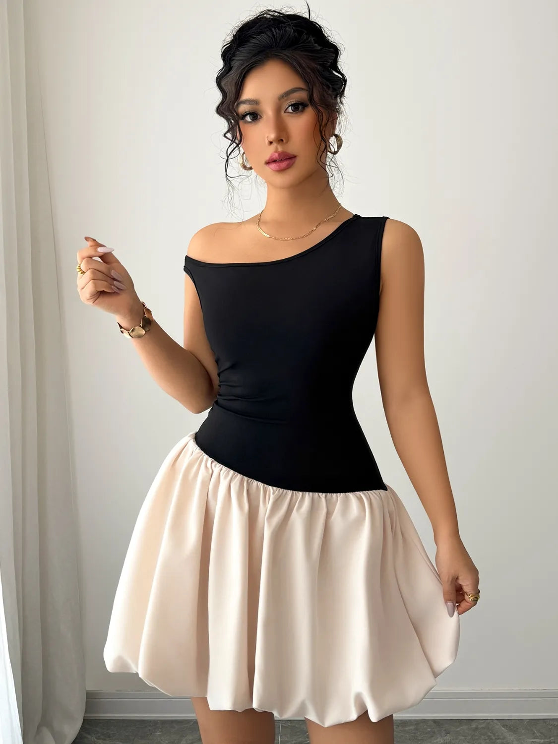 Contrast Single Shoulder Mini Tank Dress - Blushé Belle