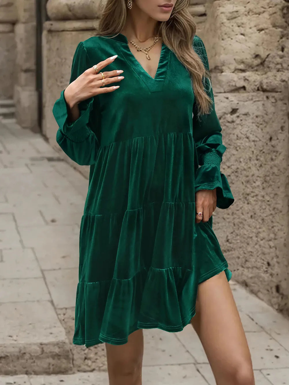 Perfee Notched Long Sleeve Tiered Dress - Blushé Belle