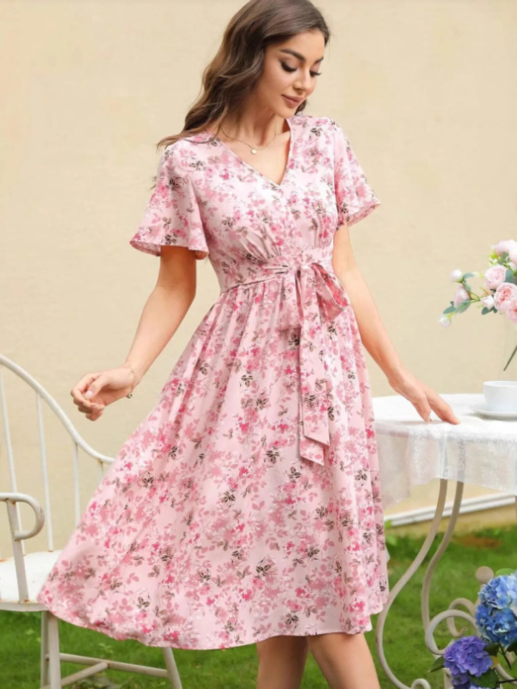Floral Print V-Neck Belted Midi Dress - Blushé Belle