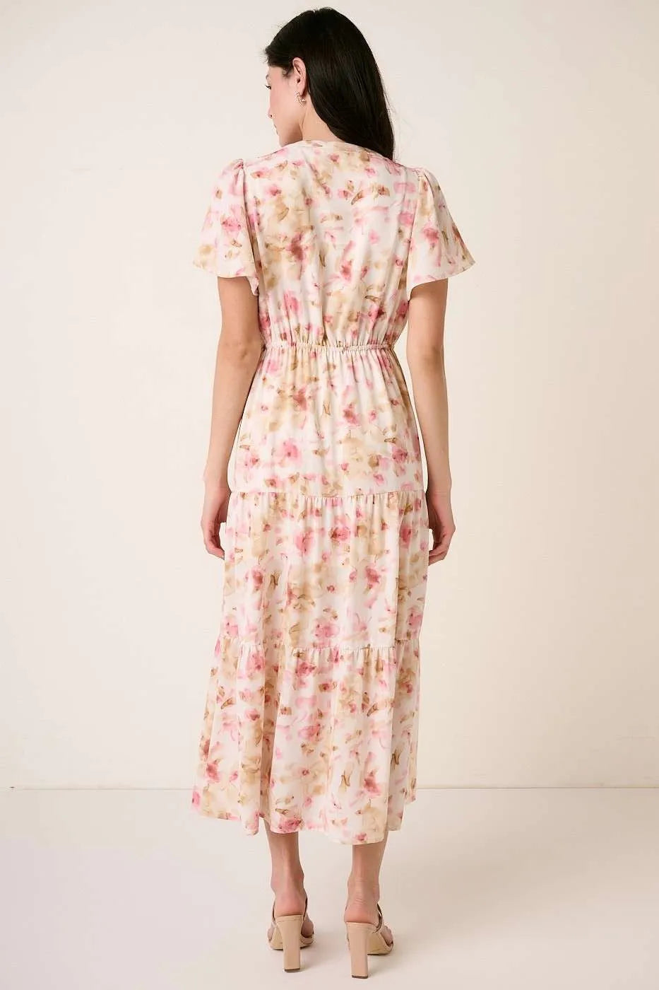 Mittoshop Flower Print Flutter Sleeve V Slit Maxi Dress - Blushé Belle