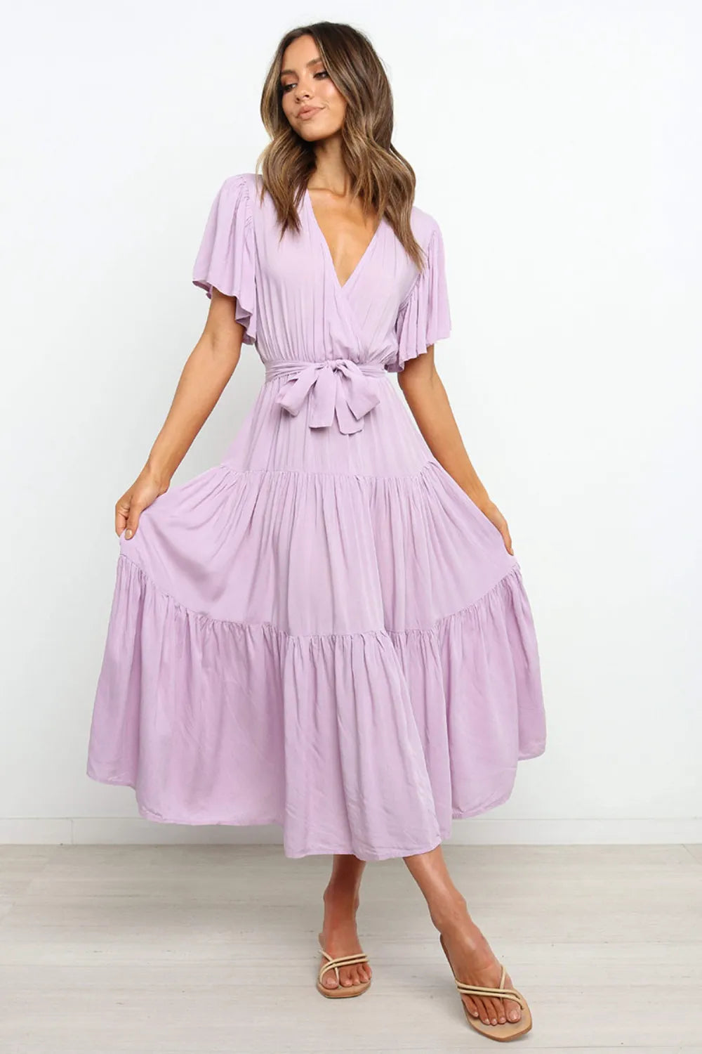 Tied Back Tiered Short Sleeve Midi Dress - Blushé Belle