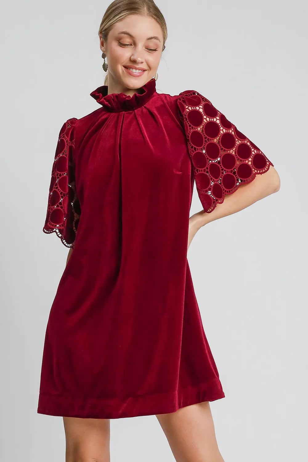 Umgee Dotted Lace Half Sleeve Mock Neck Back Tie Velvet Dress - Blushé Belle