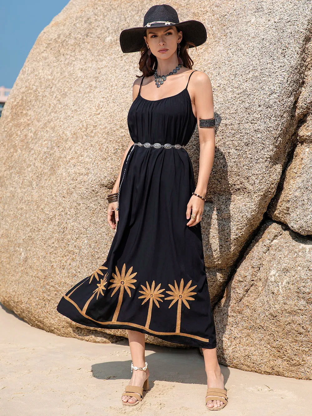 Embroidered Scoop Neck Midi Cami Dress - Blushé Belle