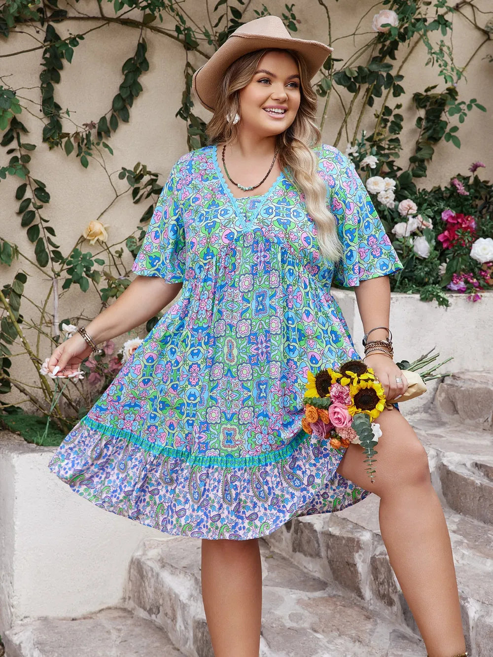 Plus Size Ruffled Hem Lace Detail Printed Half Sleeve Dress - Blushé Belle