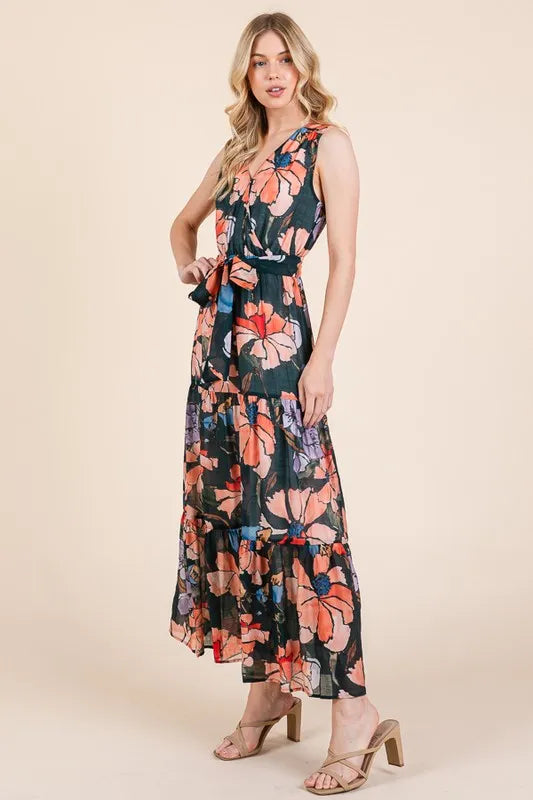 Lime 'N' Chili Floral Print Sleeveless Tie Waist Maxi Dress - Blushé Belle