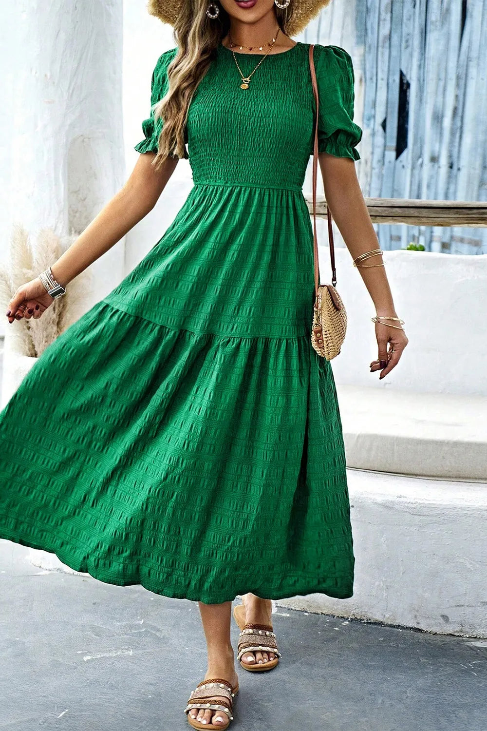 Smocked Puff Sleeve Midi Dress - Blushé Belle