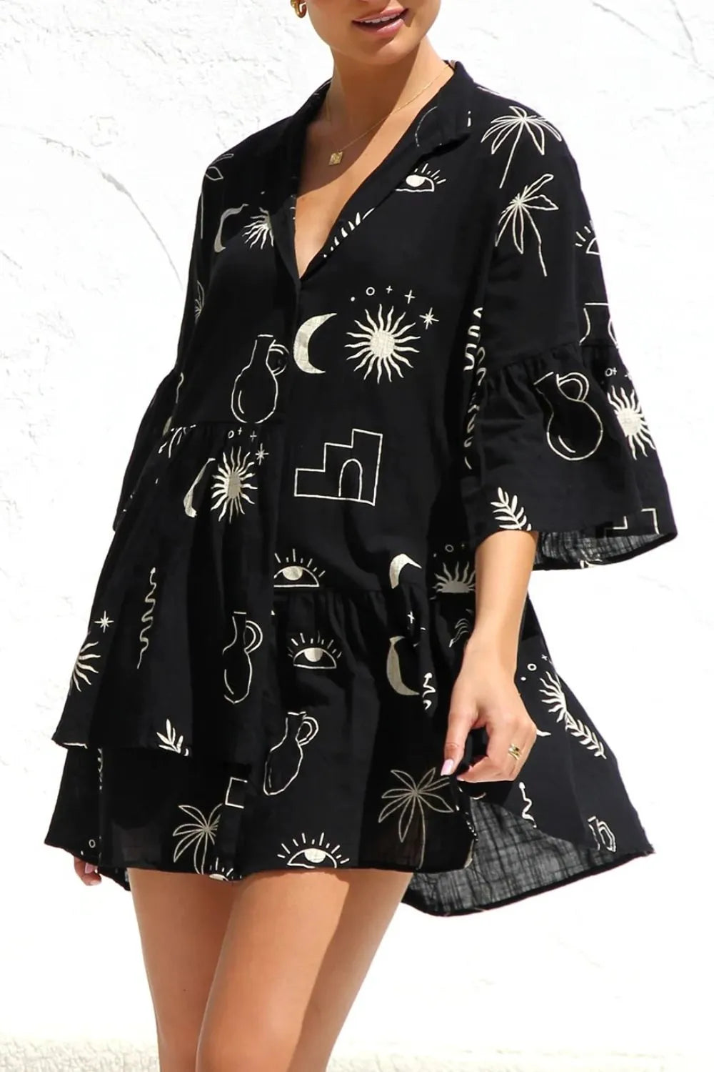 Ruched Printed Three-Quarter Sleeve Mini Dress - Blushé Belle