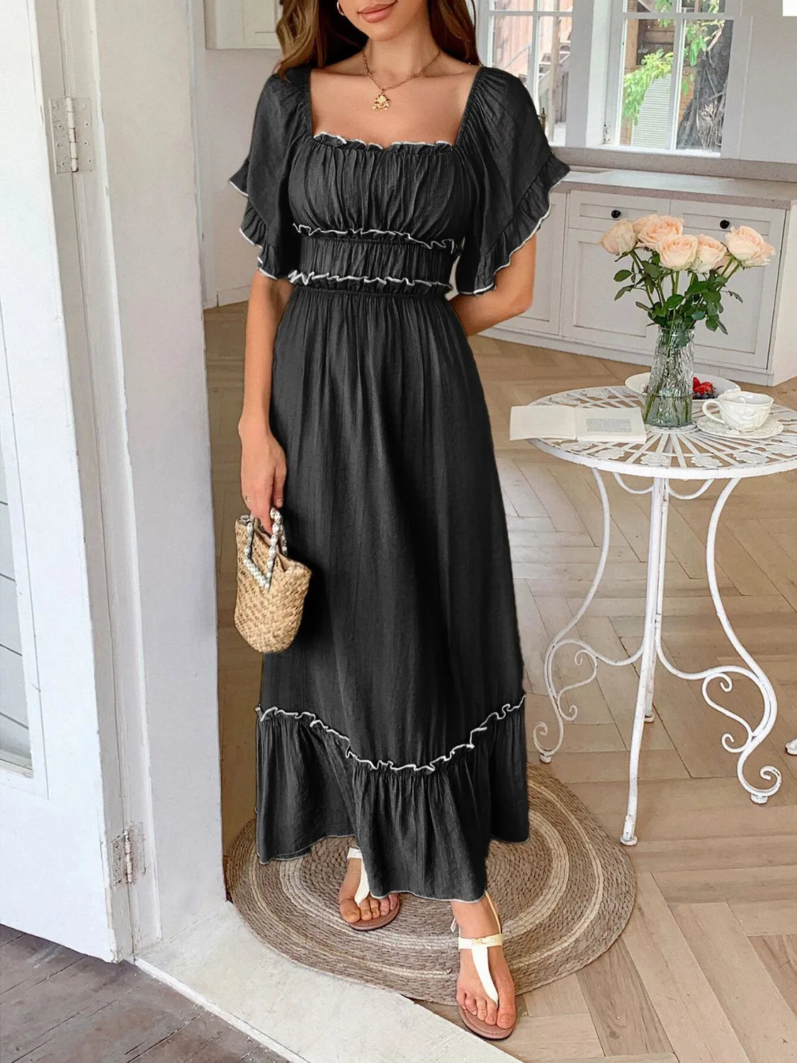 Square Neck Puff Sleeve Ruffle Trim Maxi Dress - Blushé Belle