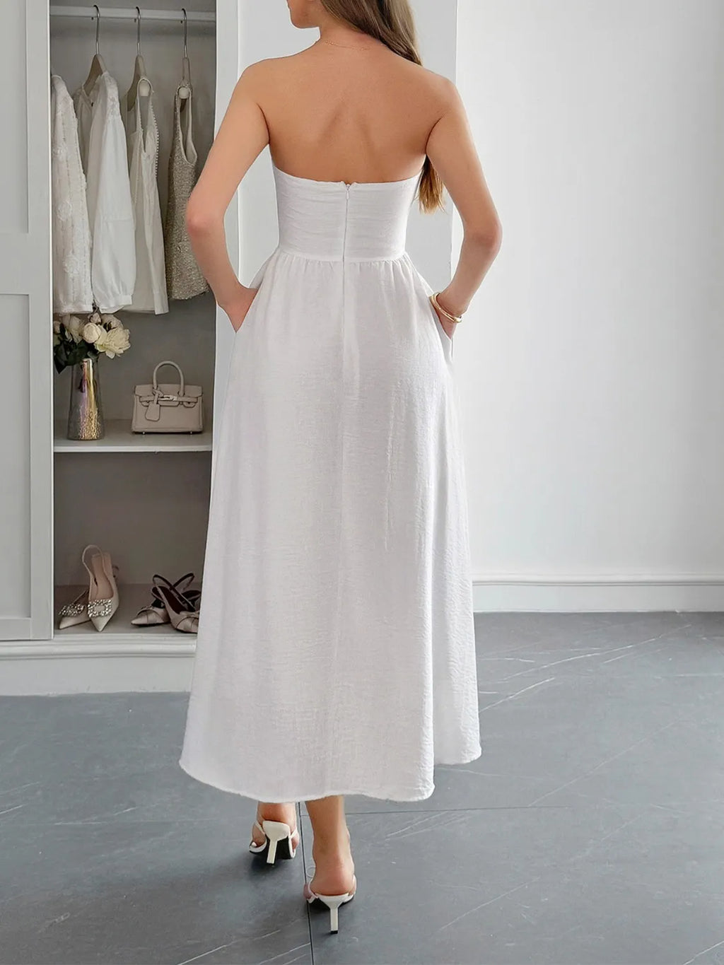 Strapless A-Line Midi Dress with Pockets - Blushé Belle