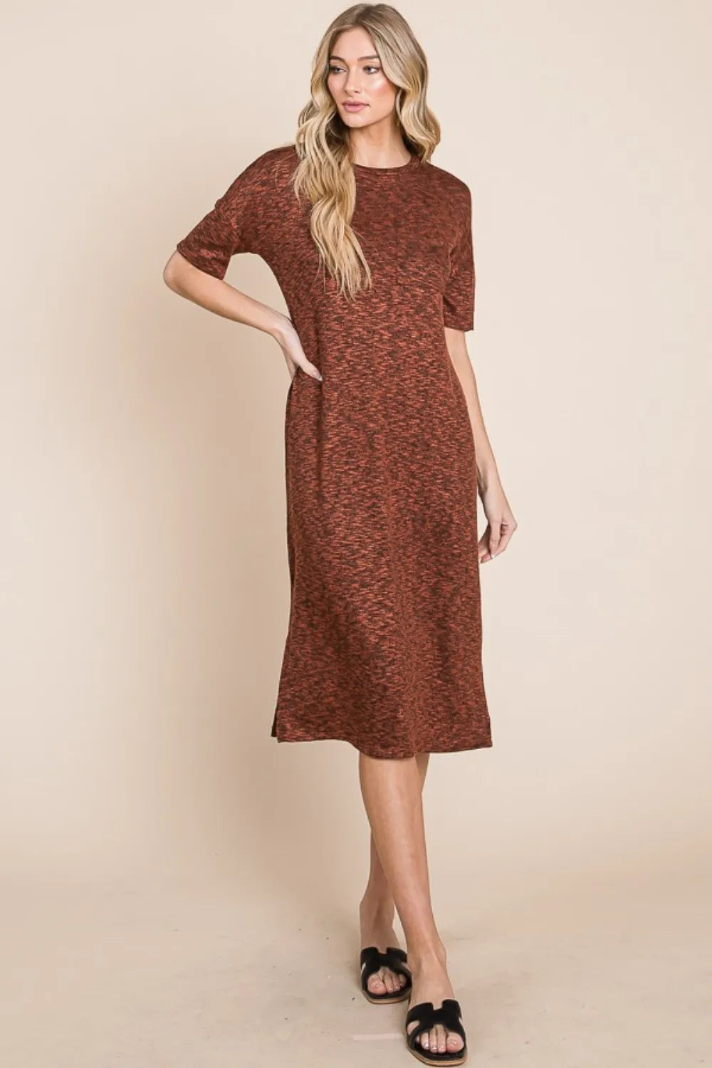 BOMBOM Round Neck Side Slit Midi Dress - Blushé Belle