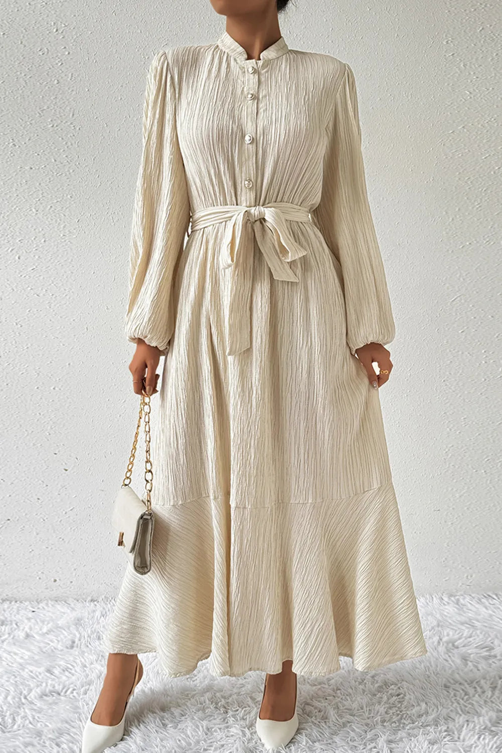 Honey Tied Button Up Balloon Sleeve Dress - Blushé Belle