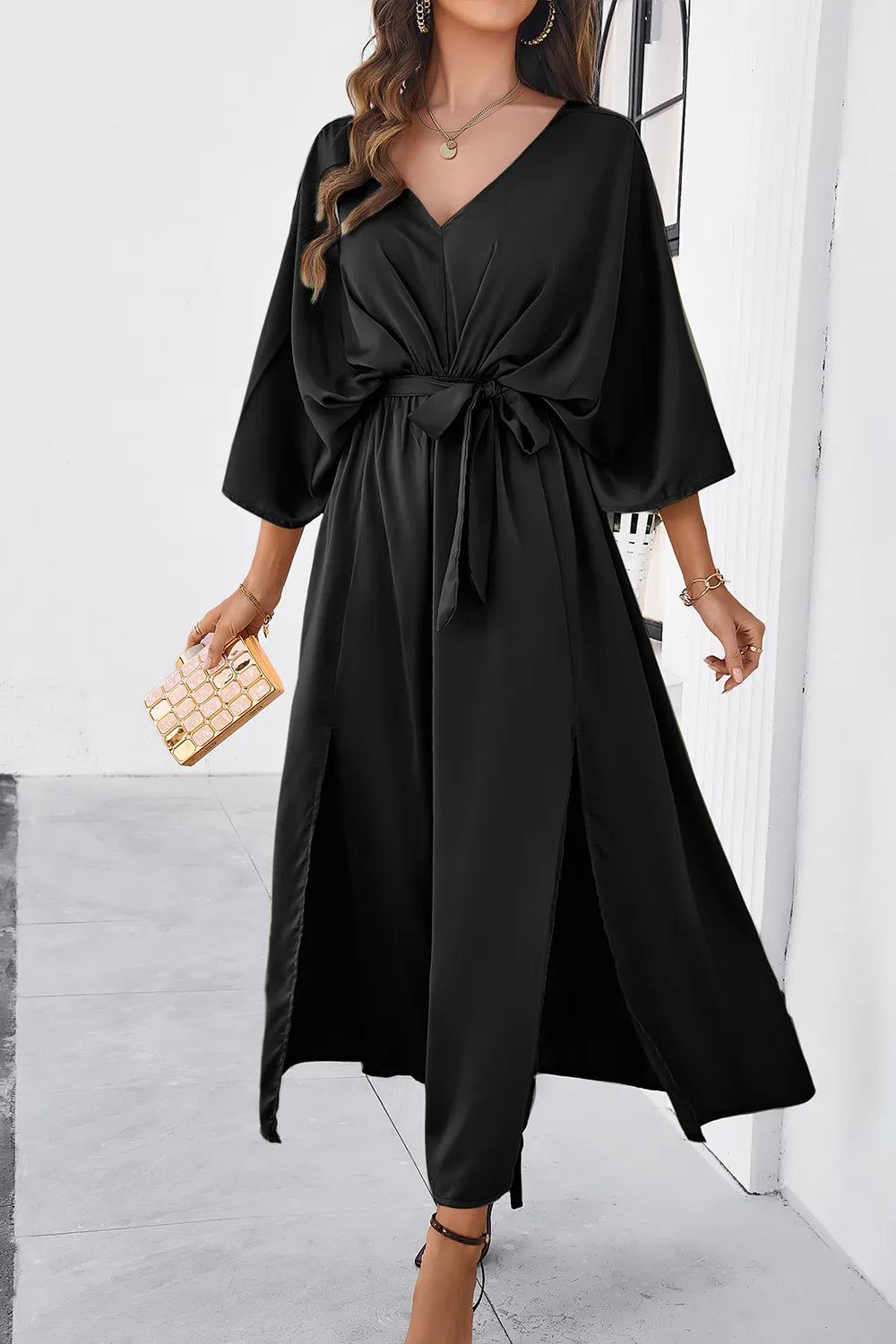 Devine Slit Tied V-Neck Three-Quarter Sleeve Dress - Blushé Belle