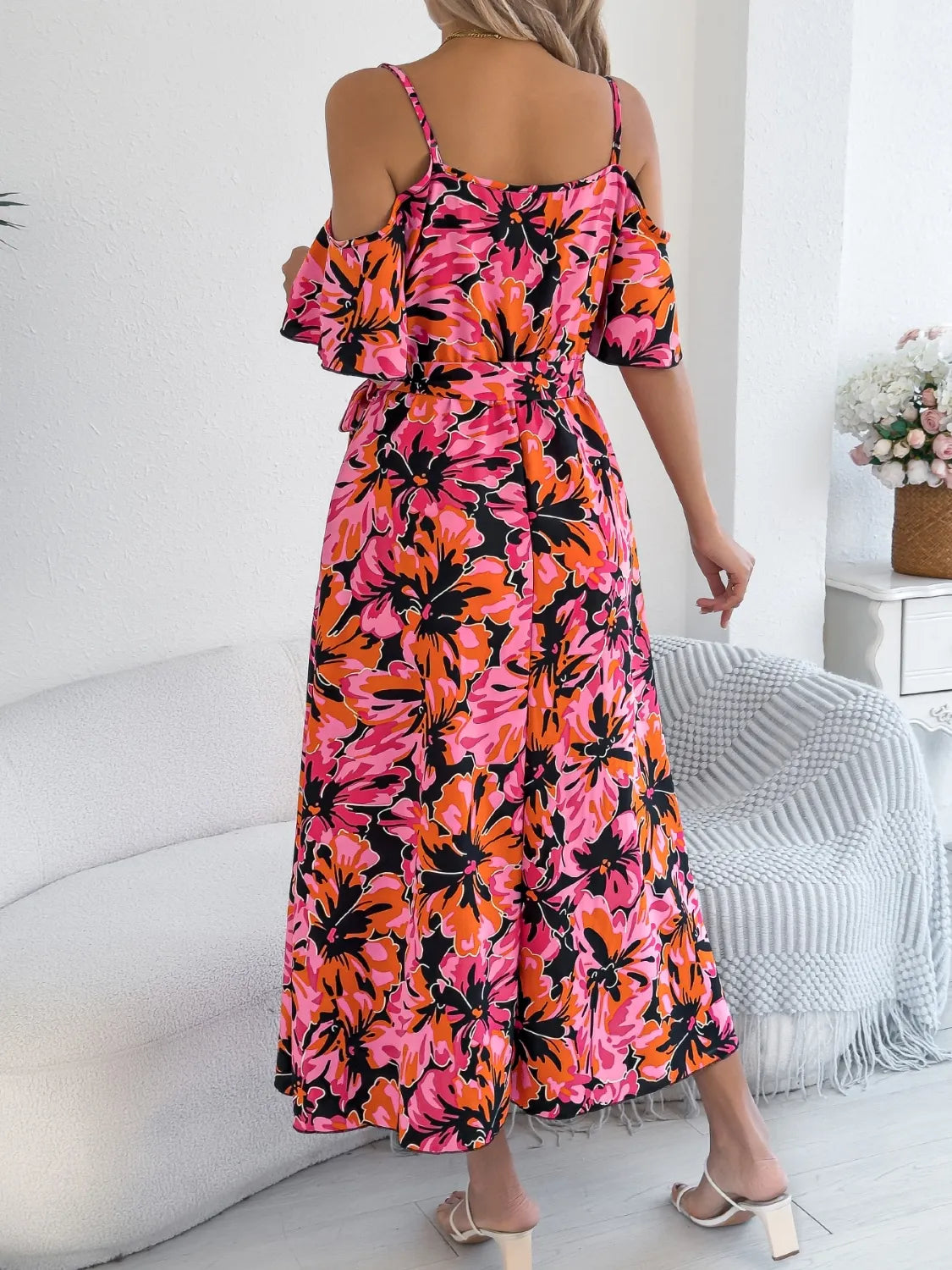 Printed Cold Shoulder Midi Cami Dress - Blushé Belle