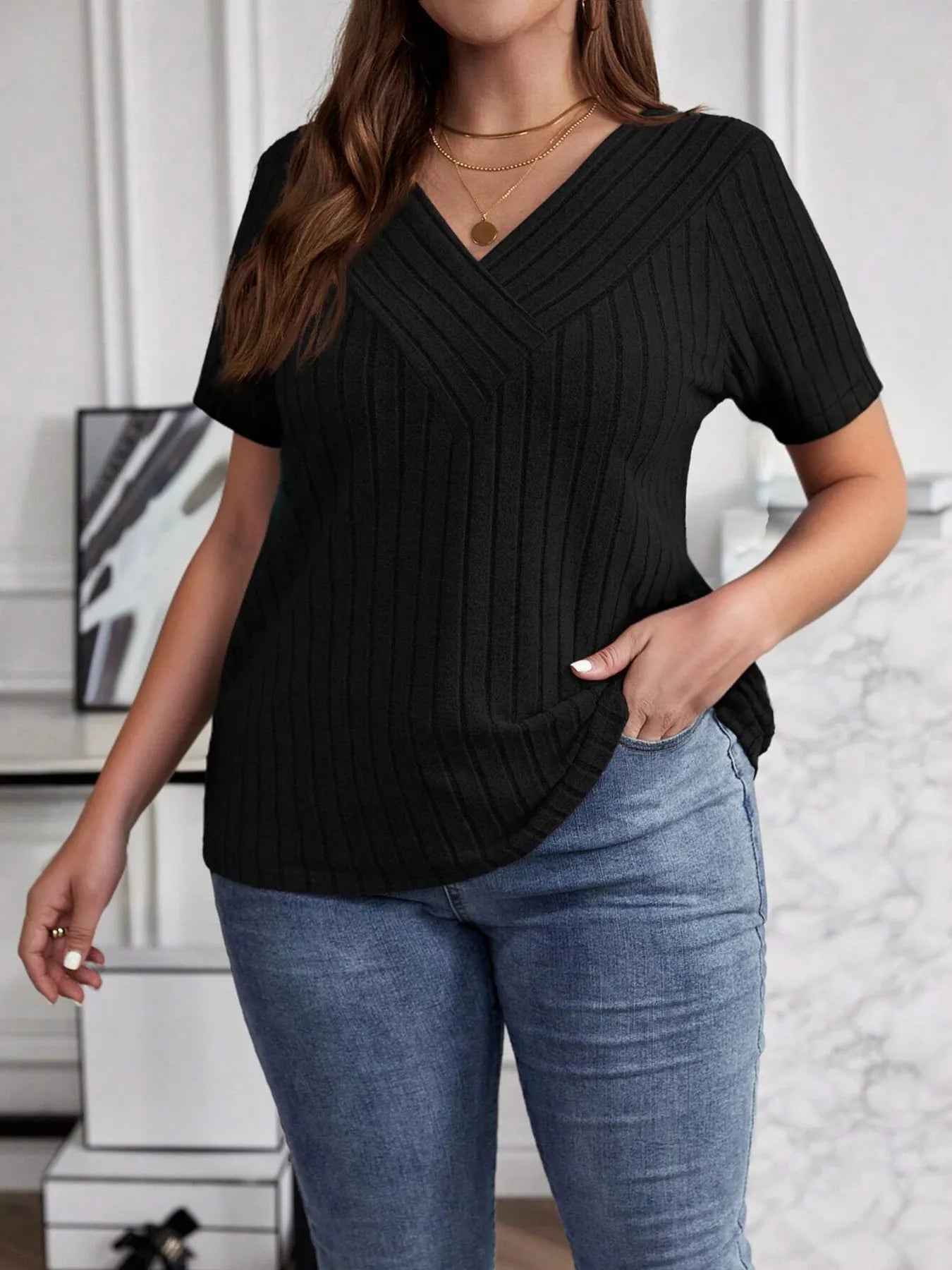 Plus Size V-Neck Short Sleeve Ribbed T-Shirt - Blushé Belle