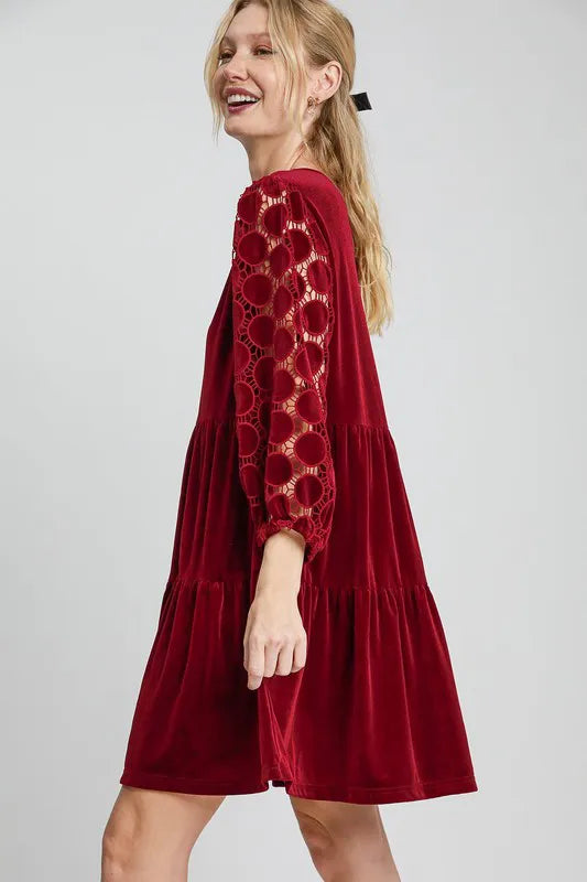 Umgee Dotted Lace Sleeve Tiered Velvet Mini Dress - Blushé Belle