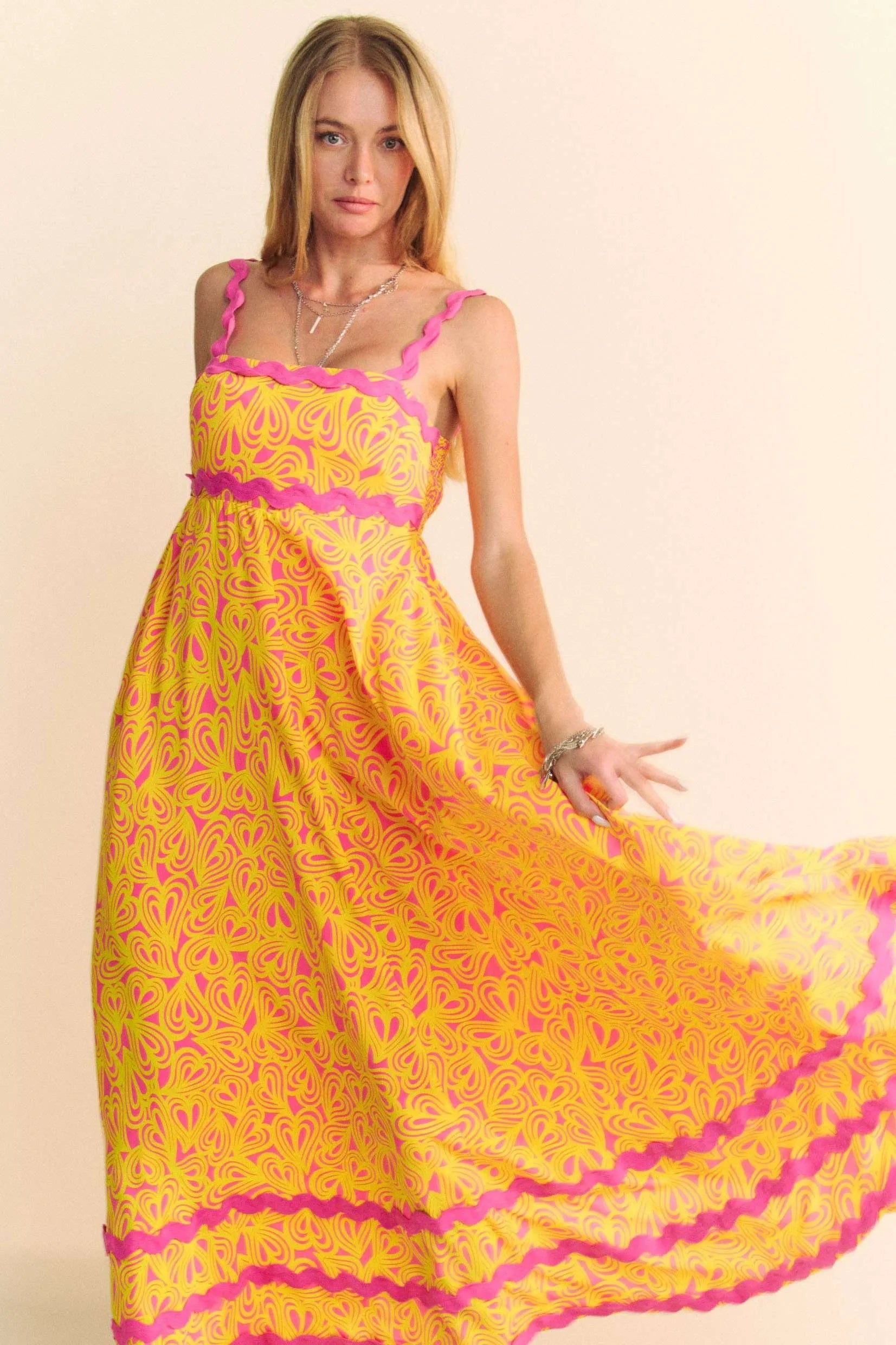 Davi & Dani Geo 2 Tone Printed Wavi Trim Tiered Maxi Dress - Blushé Belle