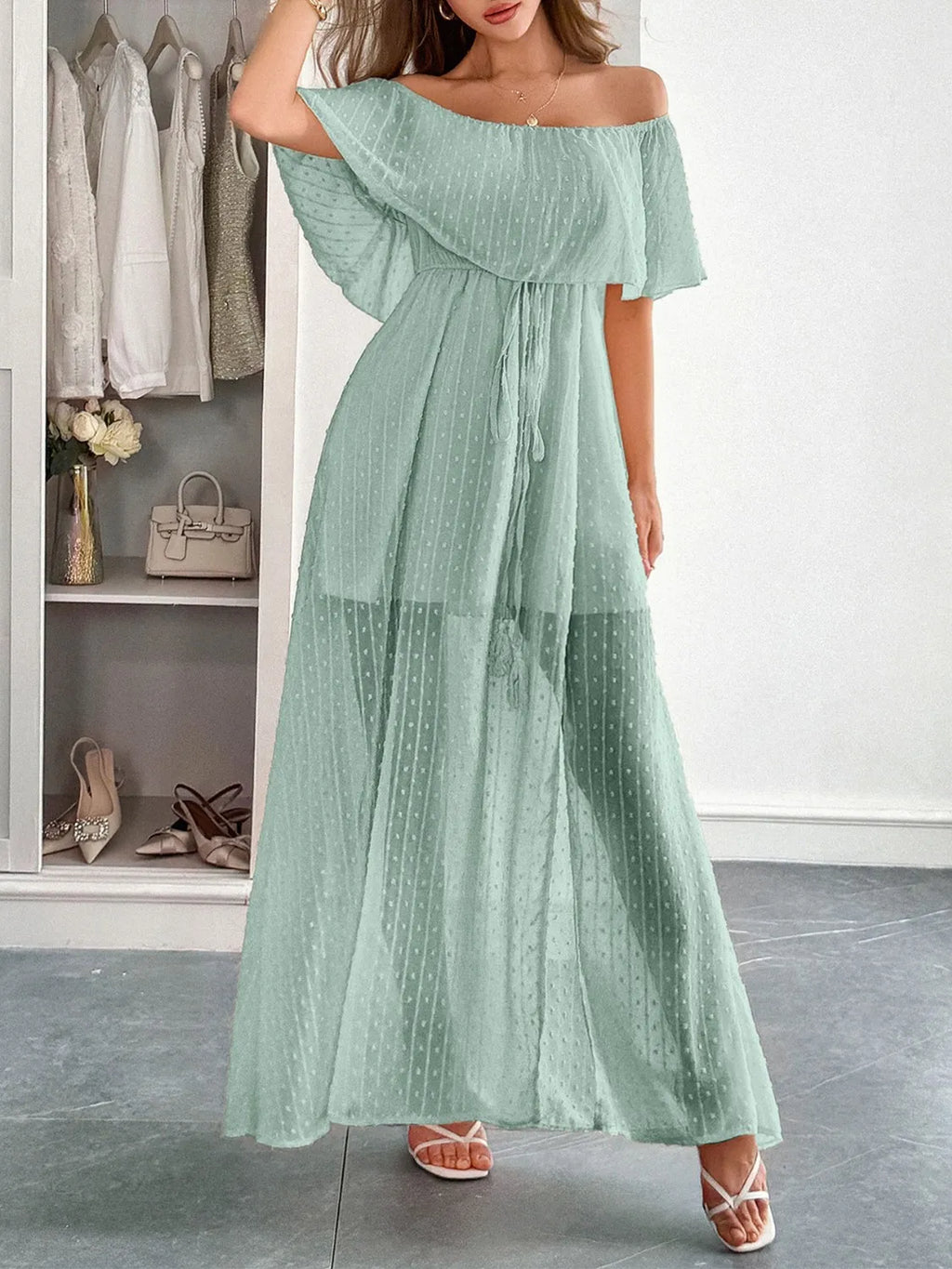 Swiss Dot Off Shoulder Maxi Dress - Blushé Belle