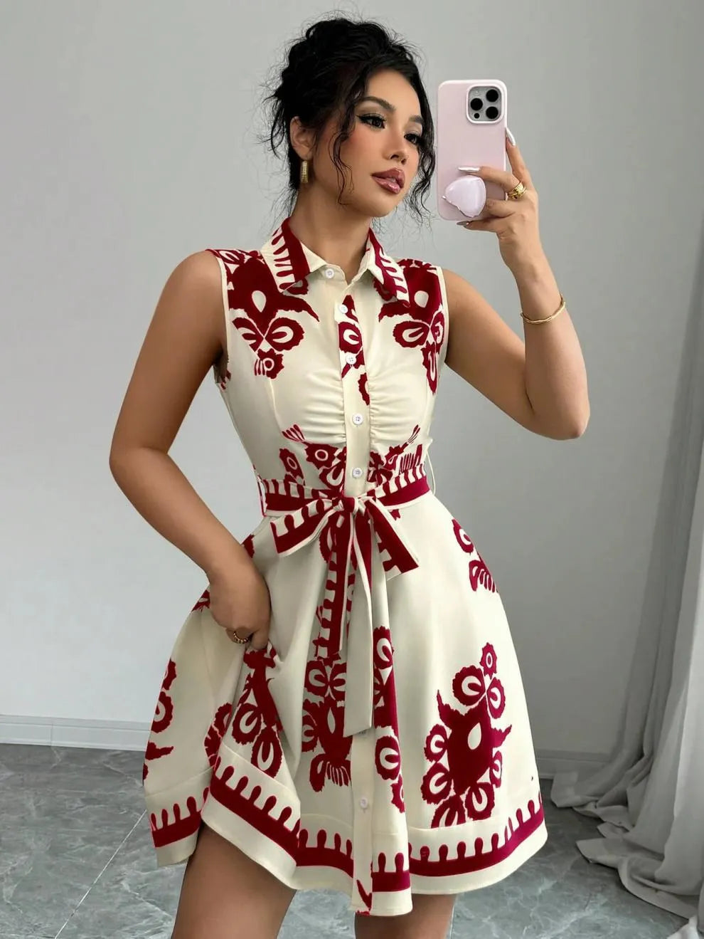 Printed Sleeveless Button Front Dress - Blushé Belle