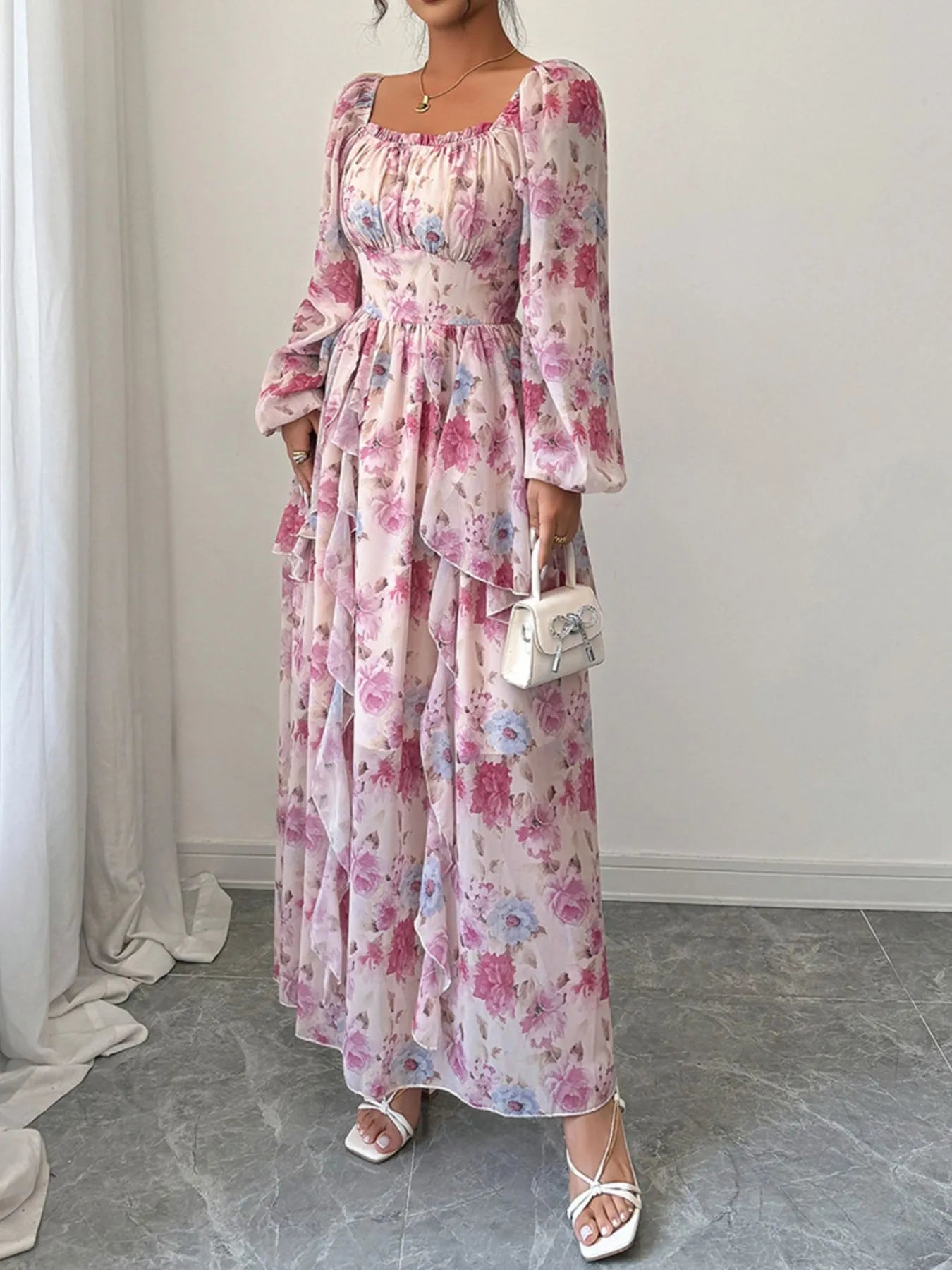 Ruffled Floral Print Balloon Sleeve Maxi Dress - Blushé Belle
