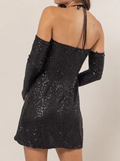 HYFVE Sequin Rosette Halter Mini Dress - Blushé Belle