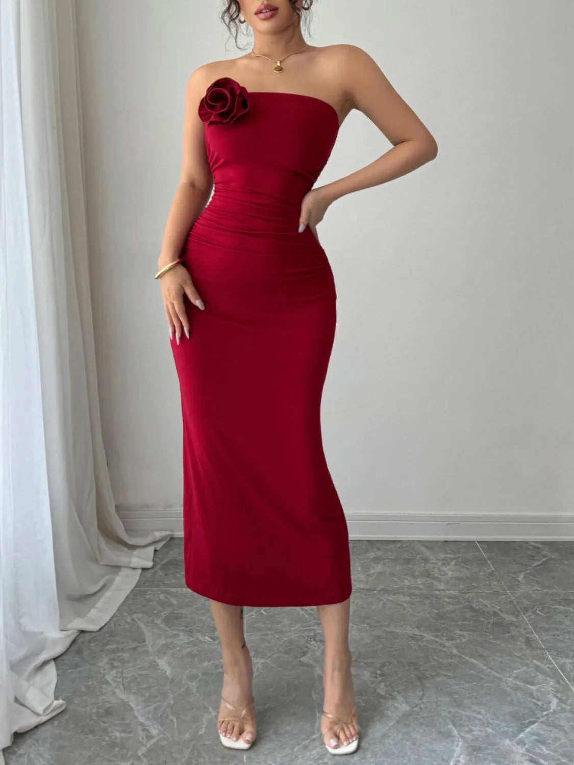 Slit Back Flower Tube Midi Dress - Blushé Belle