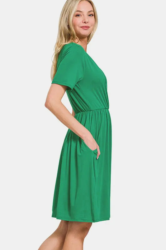 Zenana Surplice Short Sleeve Brushed DTY Dress - Blushé Belle