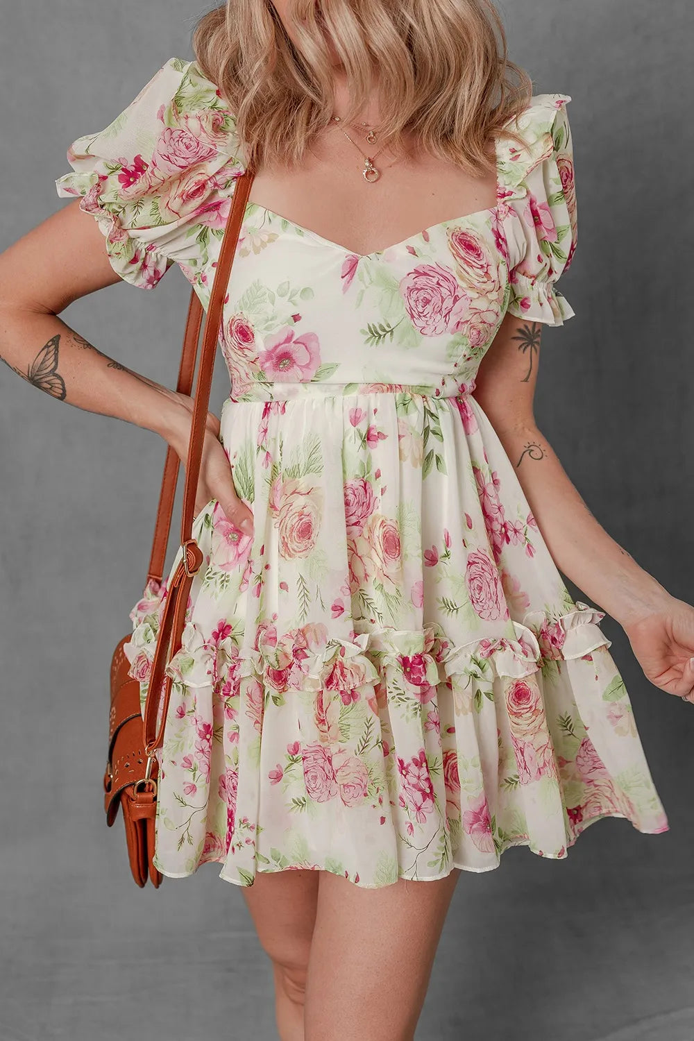 Floral Bubble Sleeve Sweetheart Neck Ruffle Mini Dress - Blushé Belle