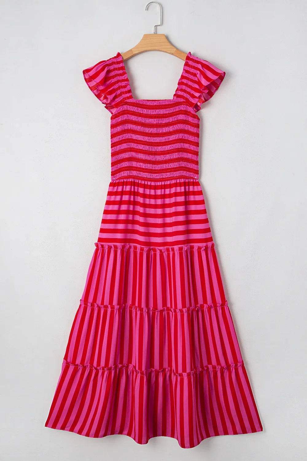 Stripe Flutter Sleeve Smocked Bodice Tiered Maxi Dress - Blushé Belle