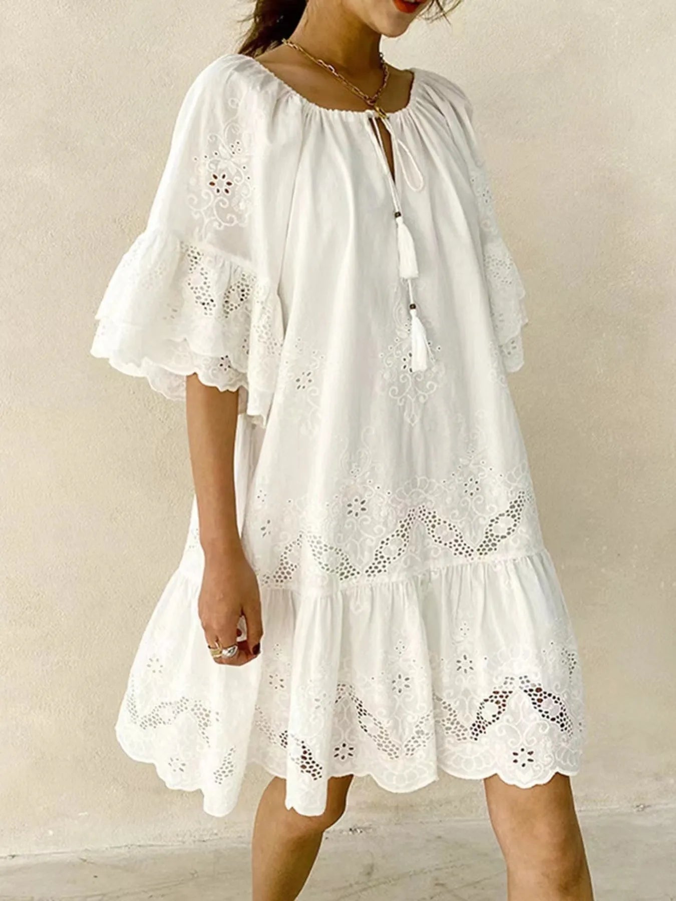 Eyelet Embroidered Tassel Tie Neck Dress - Blushé Belle