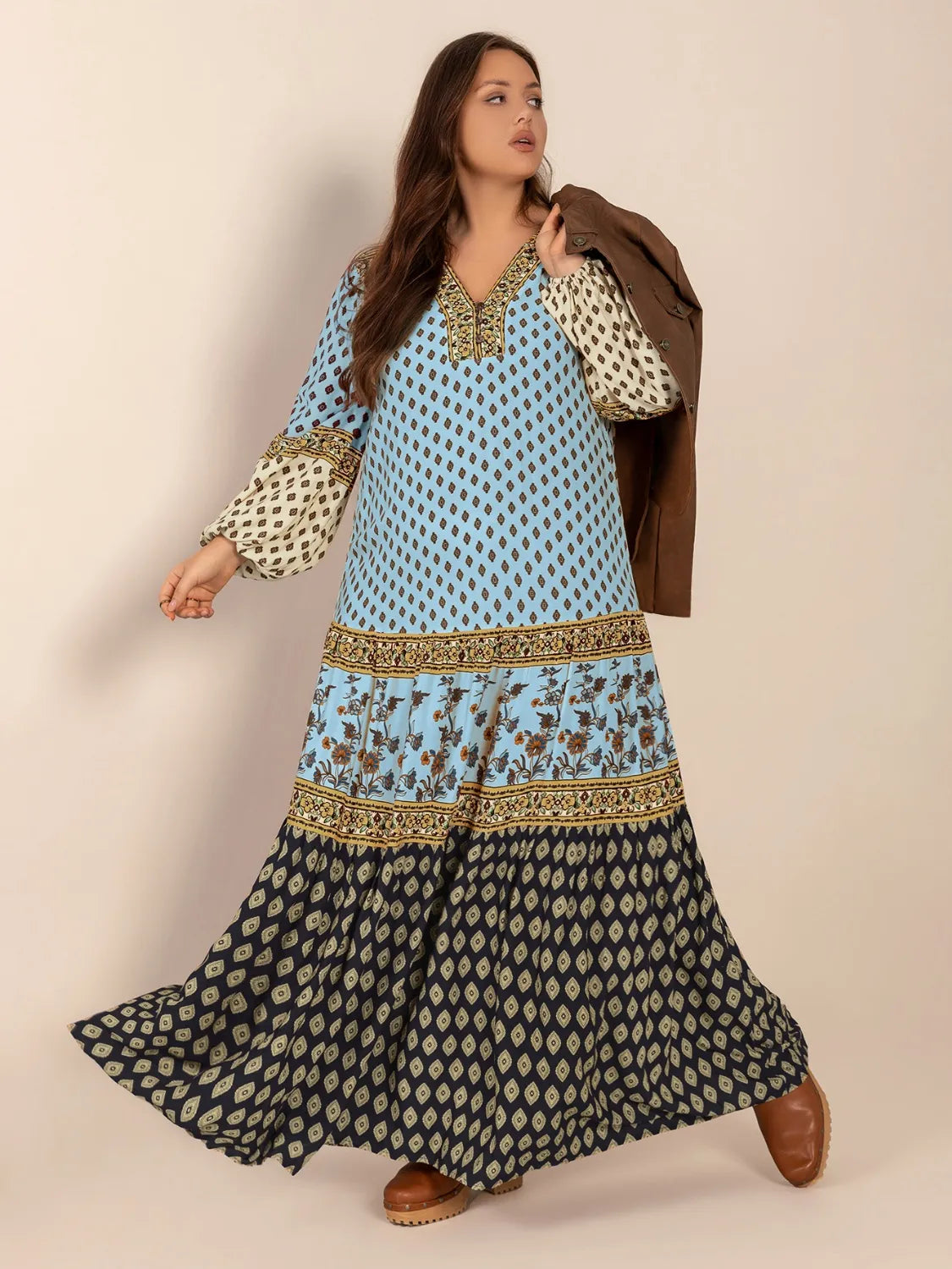 Plus Size Printed V-Neck Balloon Sleeve Maxi Dress - Blushé Belle