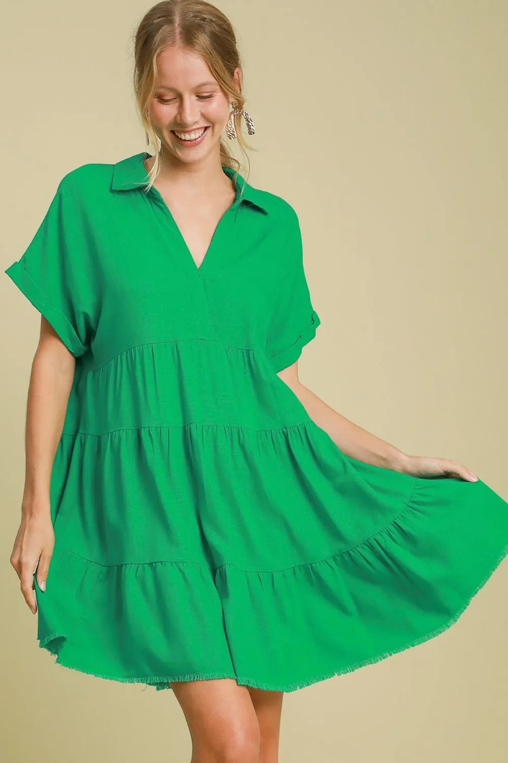 Umgee Full Size Raw Hem Folded Sleeve Tiered Dress Plus Size - Blushé Belle