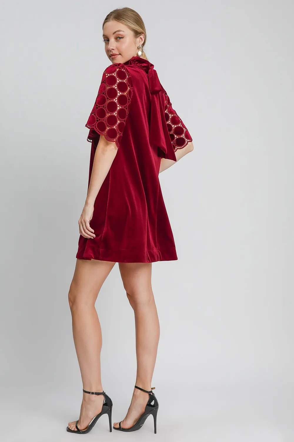 Umgee Dotted Lace Half Sleeve Mock Neck Back Tie Velvet Dress - Blushé Belle
