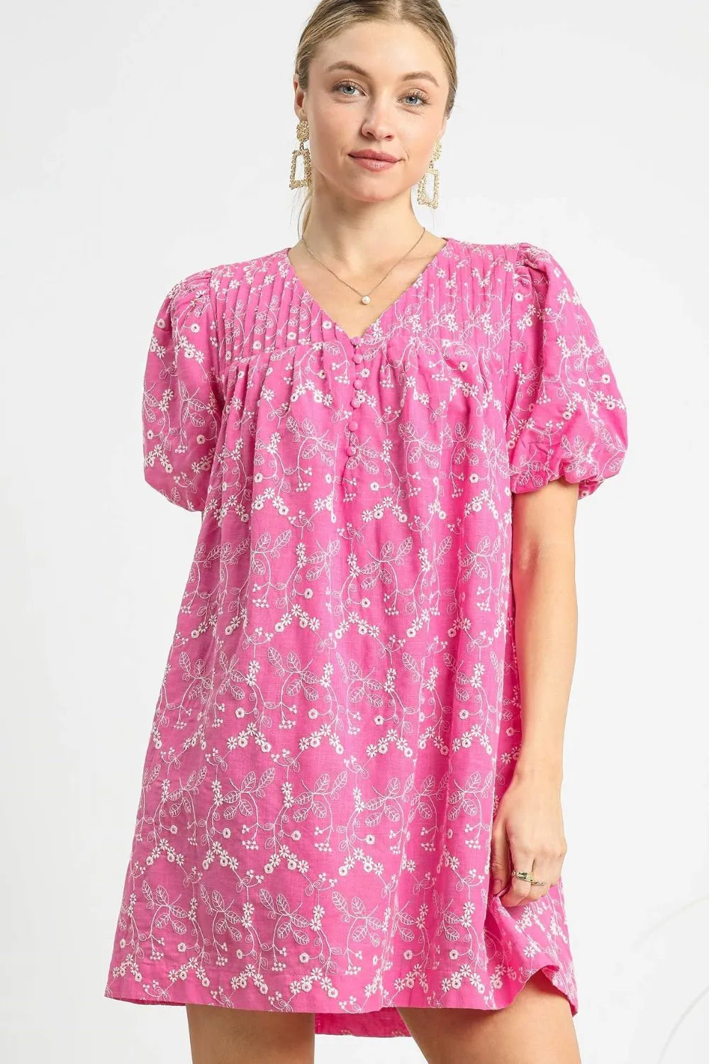 Umgee Floral Puff Sleeve V-Neck Mini Dress - Blushé Belle