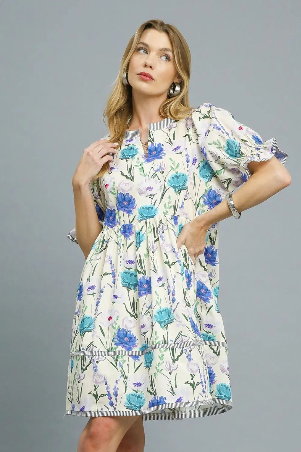 Umgee BabyDoll Floral Striped Hem Mini Dress - Blushé Belle