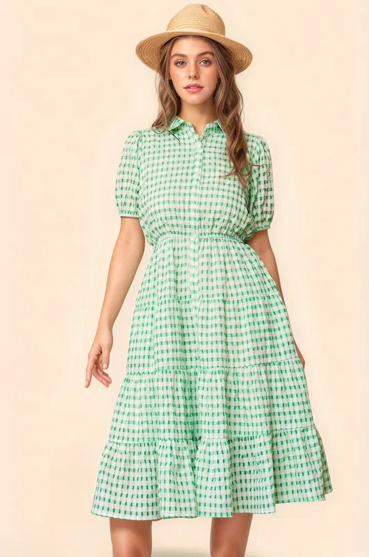 Davi & Dani Checkered Puff Sleeve Tiered Shirt Dress - Blushé Belle