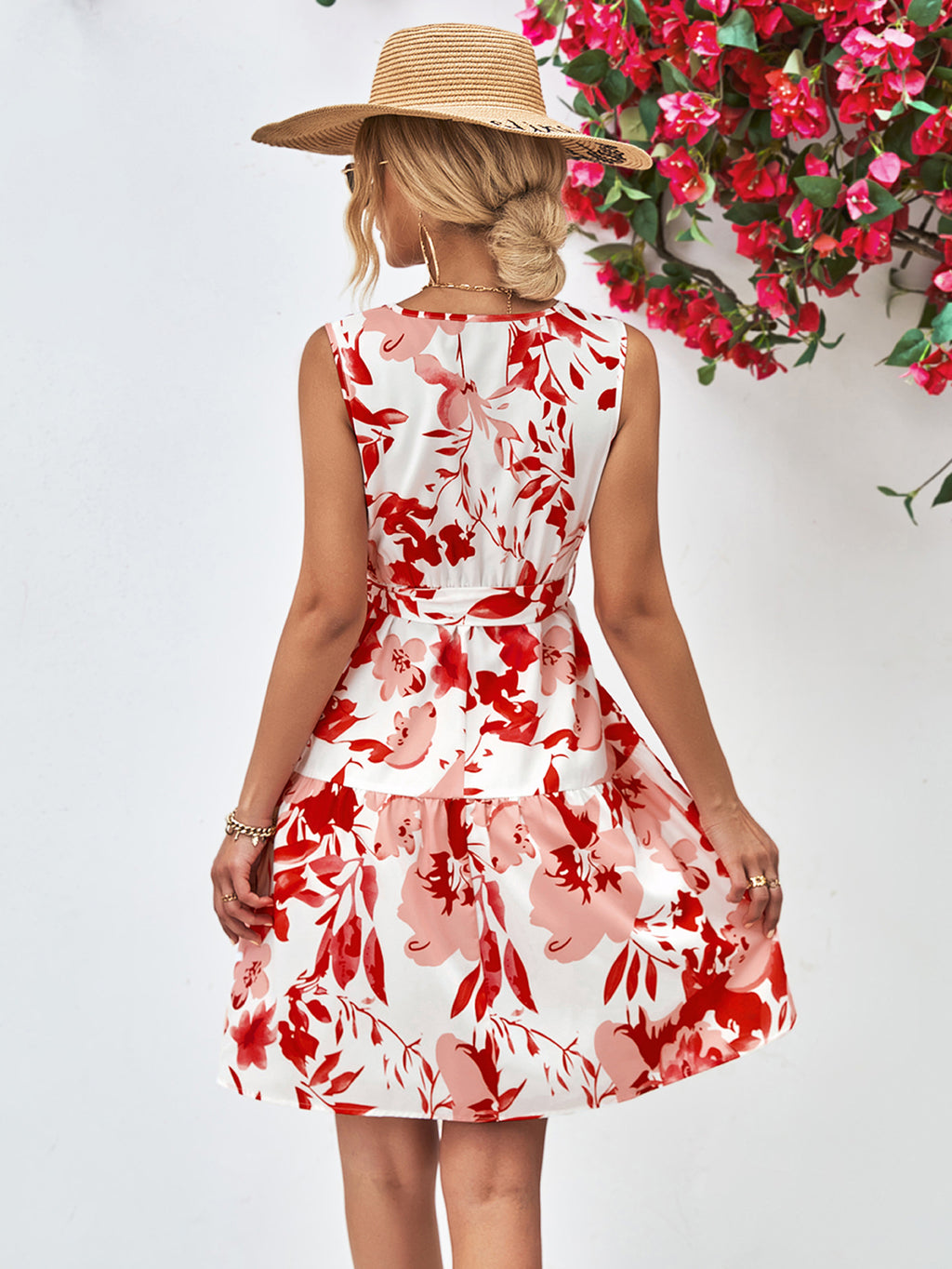 Floral V-Neck Tie Waist Sleeveless Dress - Blushé Belle