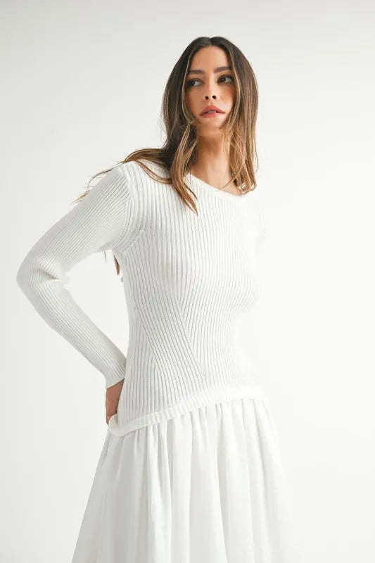 MABLE Ribbed Poplin Mix Midi Sweater Dress - Blushé Belle