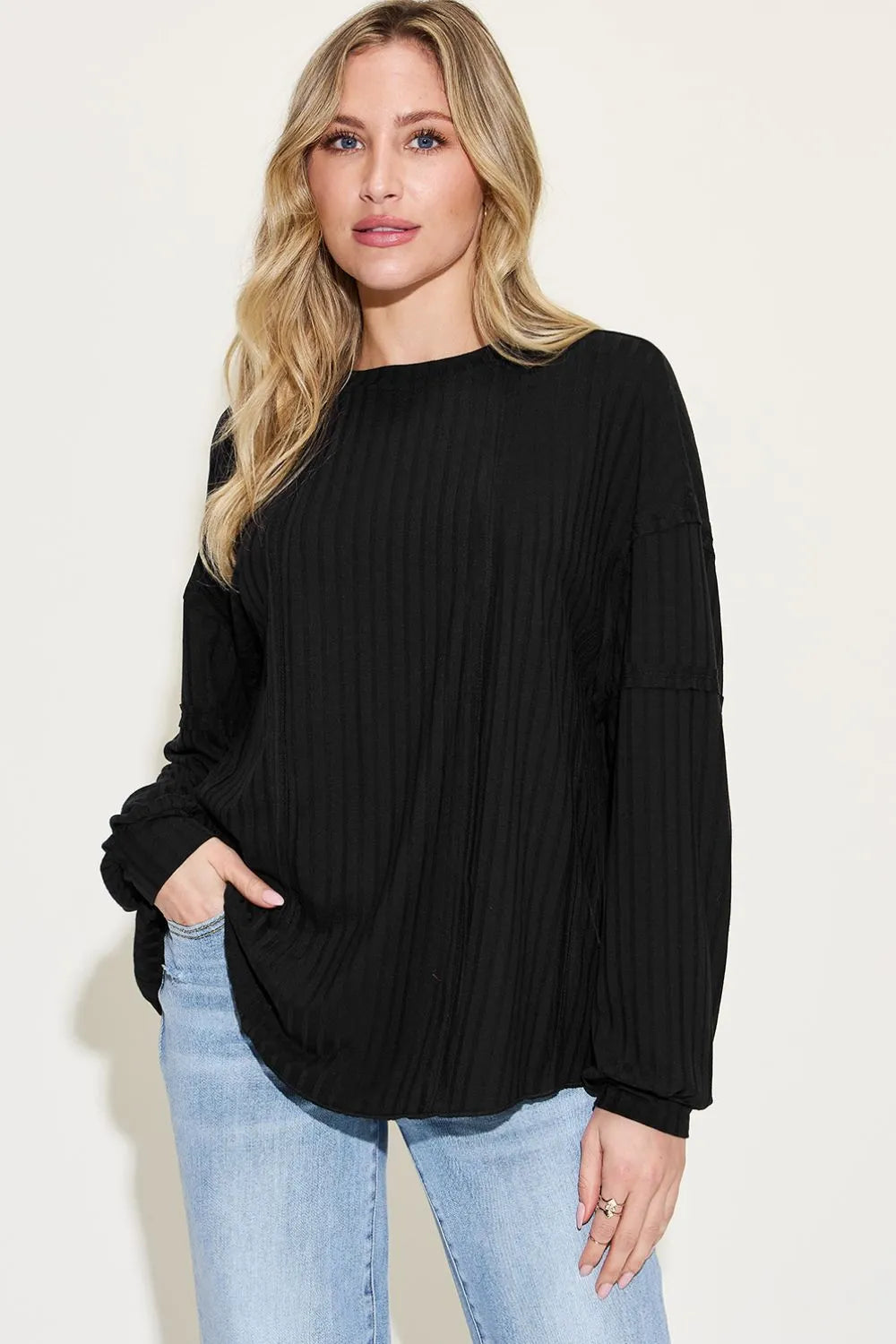 Basic Bae Full Size Ribbed Round Neck Long Sleeve T-Shirt - Blushé Belle
