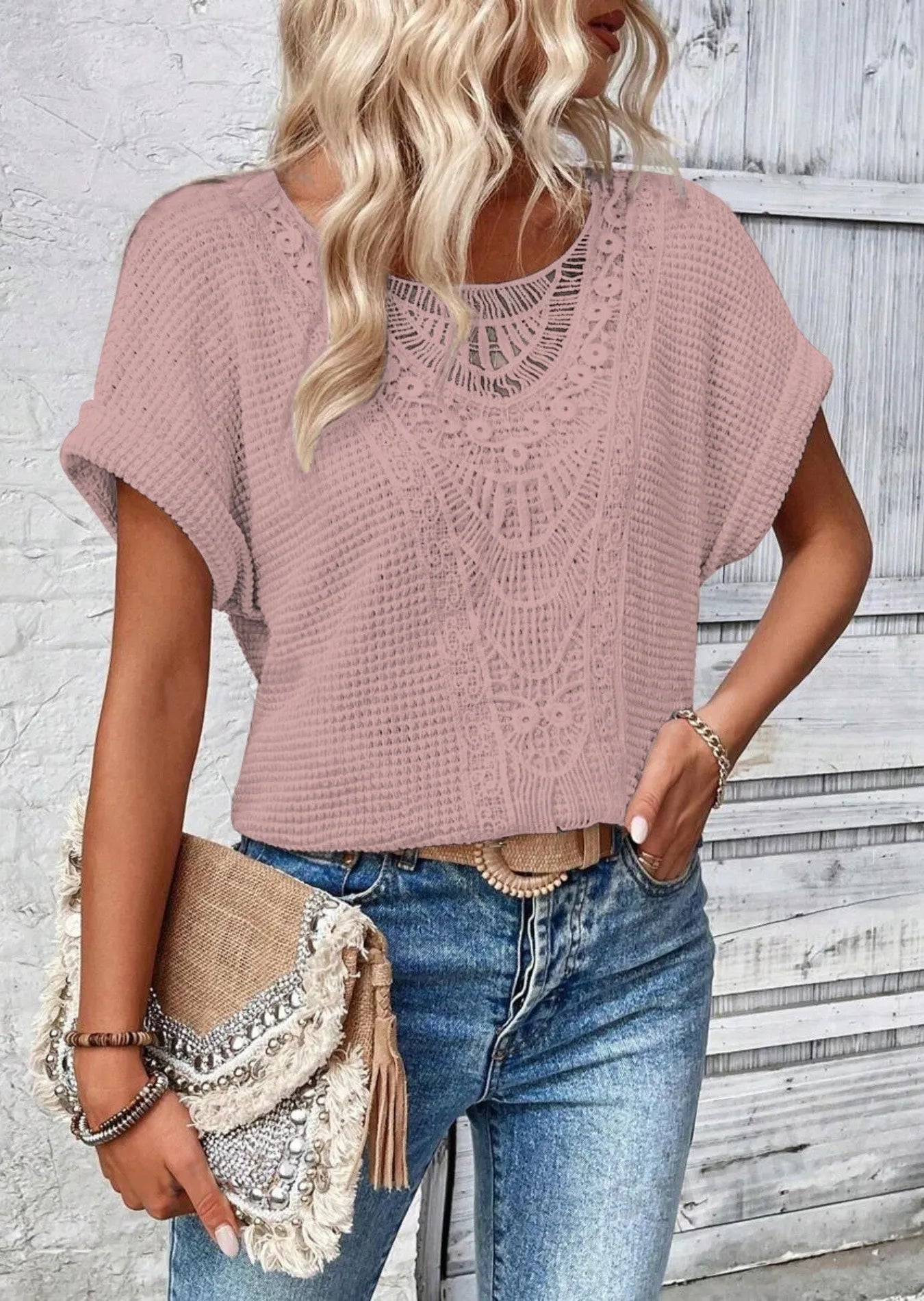 Crochet Lace Short Sleeve Casual T-Shirt - Blushé Belle