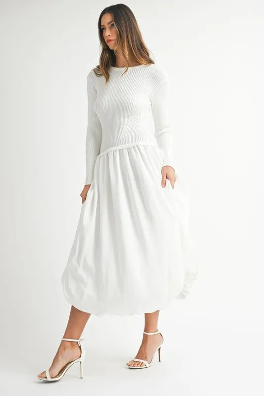 MABLE Ribbed Poplin Mix Midi Sweater Dress - Blushé Belle