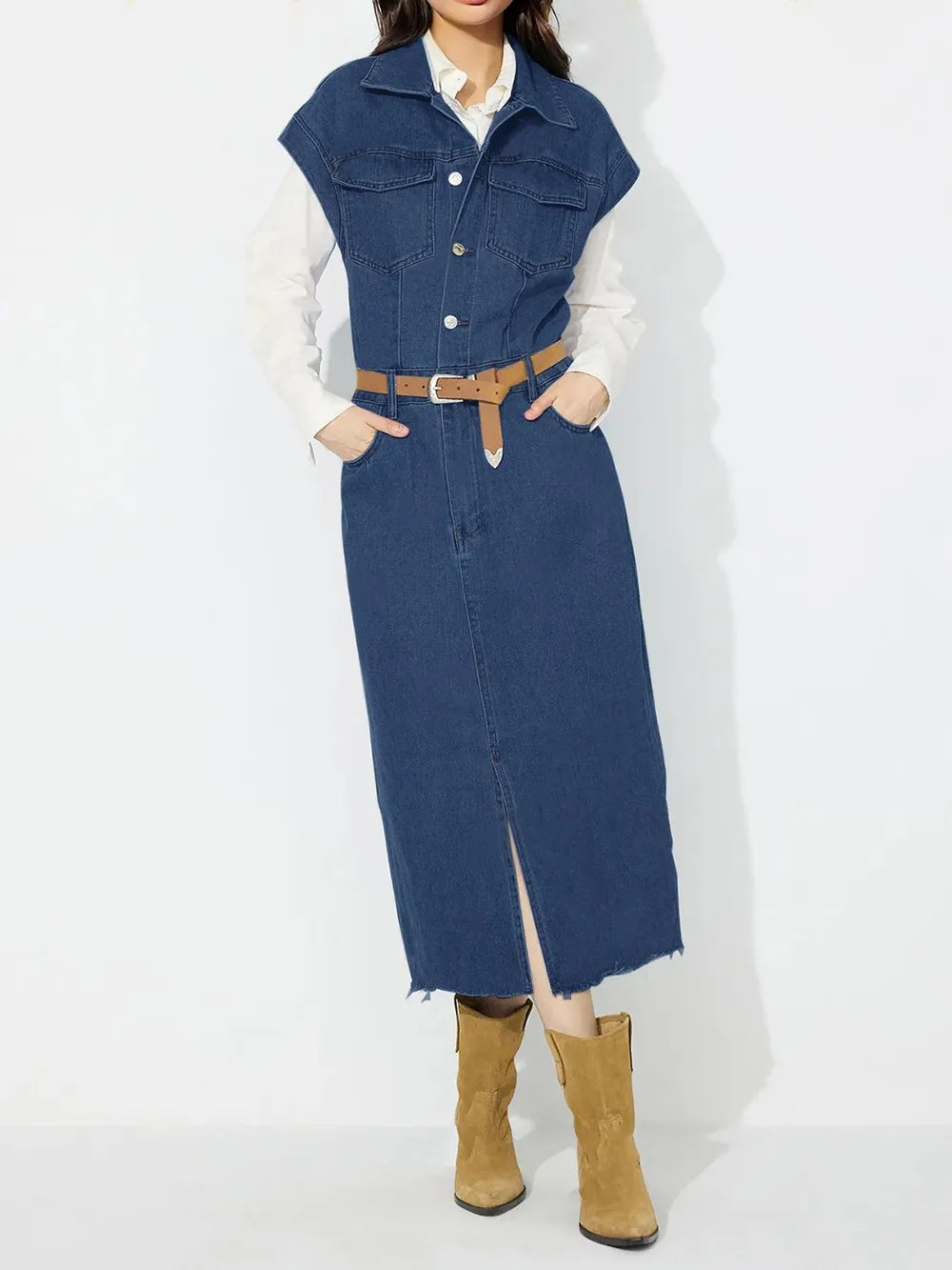 Slit Half Button Collared Neck Cap Sleeve Denim Dress - Blushé Belle