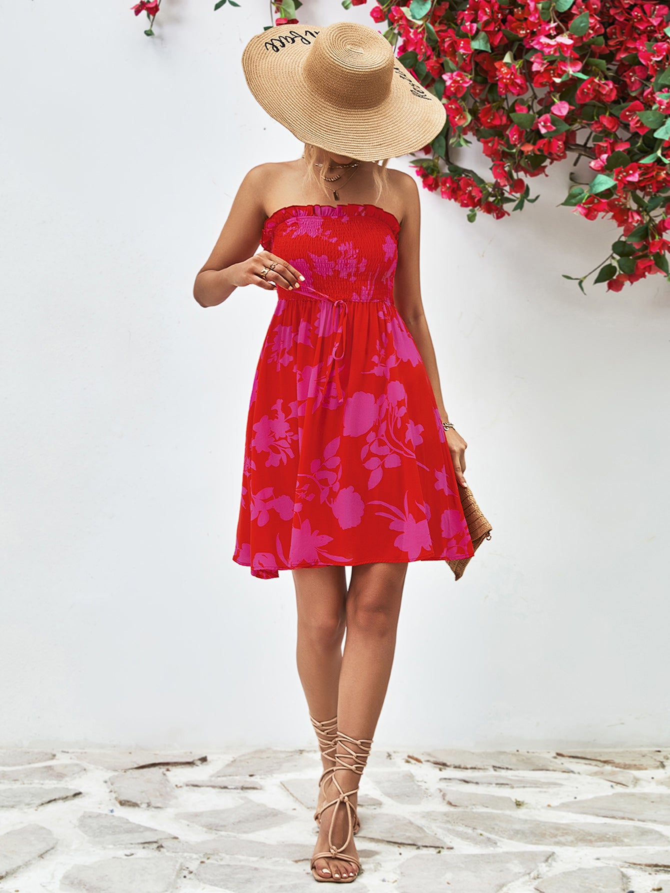 Floral Frill Trim Strapless Smocked Dress - Blushé Belle
