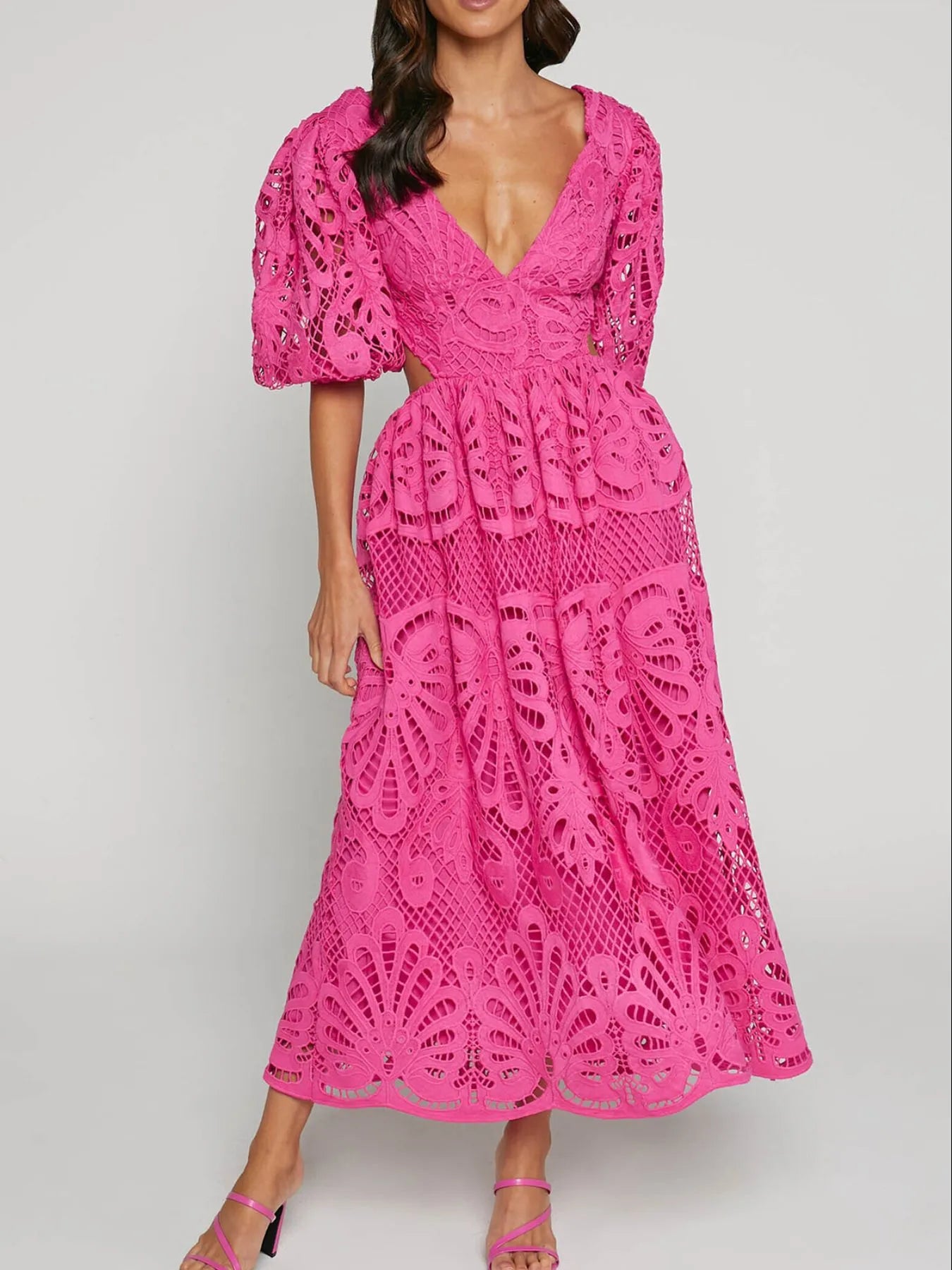 Cutout Back Lace Crochet V-Neck Dress - Blushé Belle